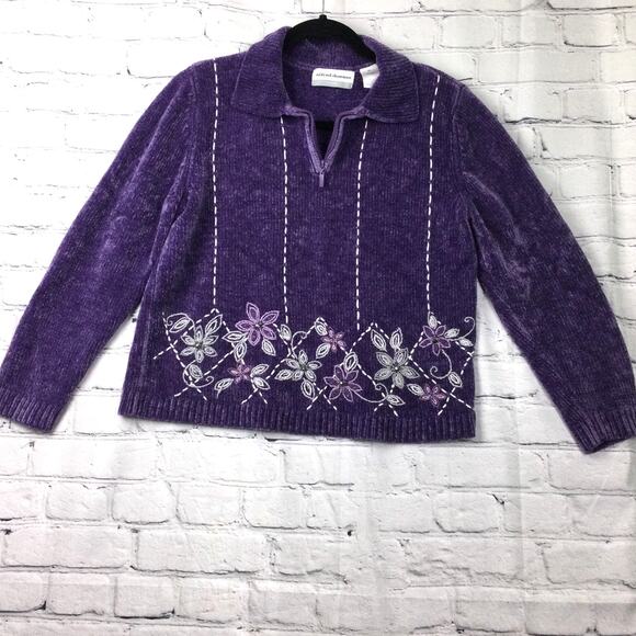 Alfred Dunner Women's Petite Grandmacore Embroidered Pullover Purple Sweater PL - Picture 3 of 13